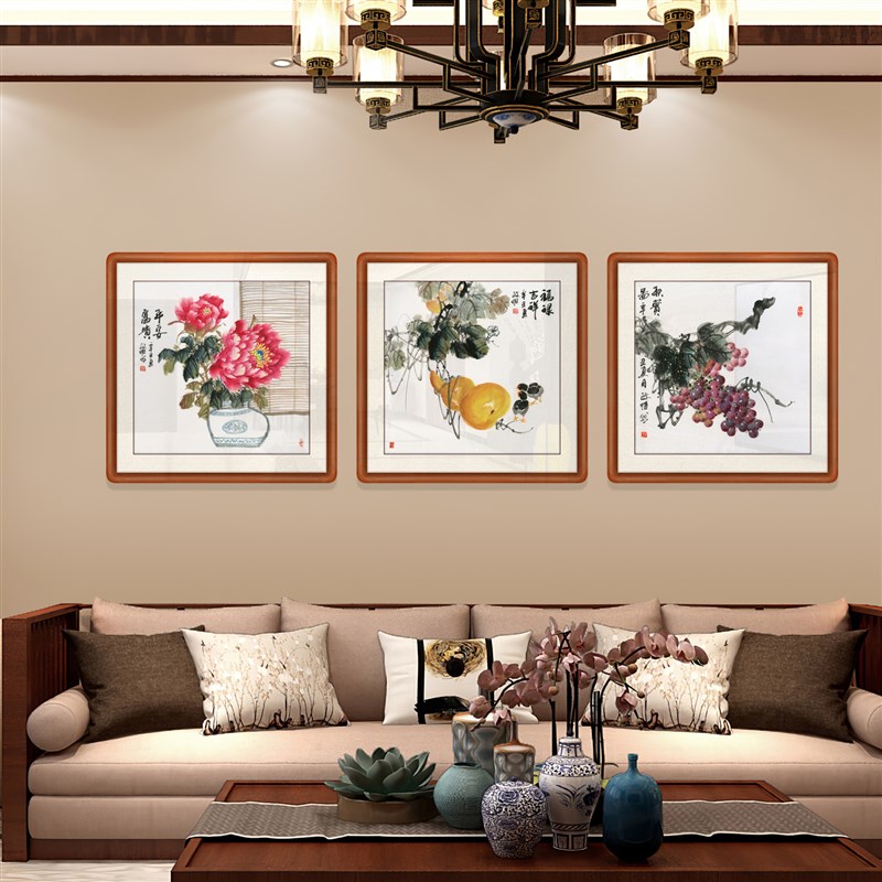纯手绘牡丹挂画新中式客厅餐厅装饰画沙发背景墙三联画国画花鸟图图片