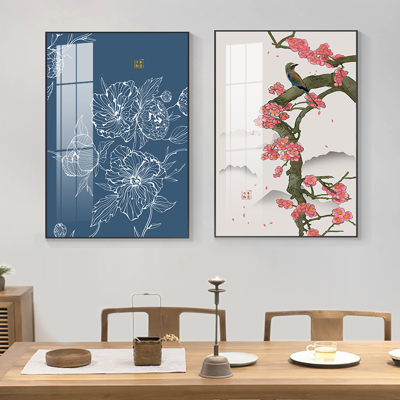 2022新中式餐厅装饰画双联花卉饭桌挂画创意茶室墙画国风客厅壁画图片