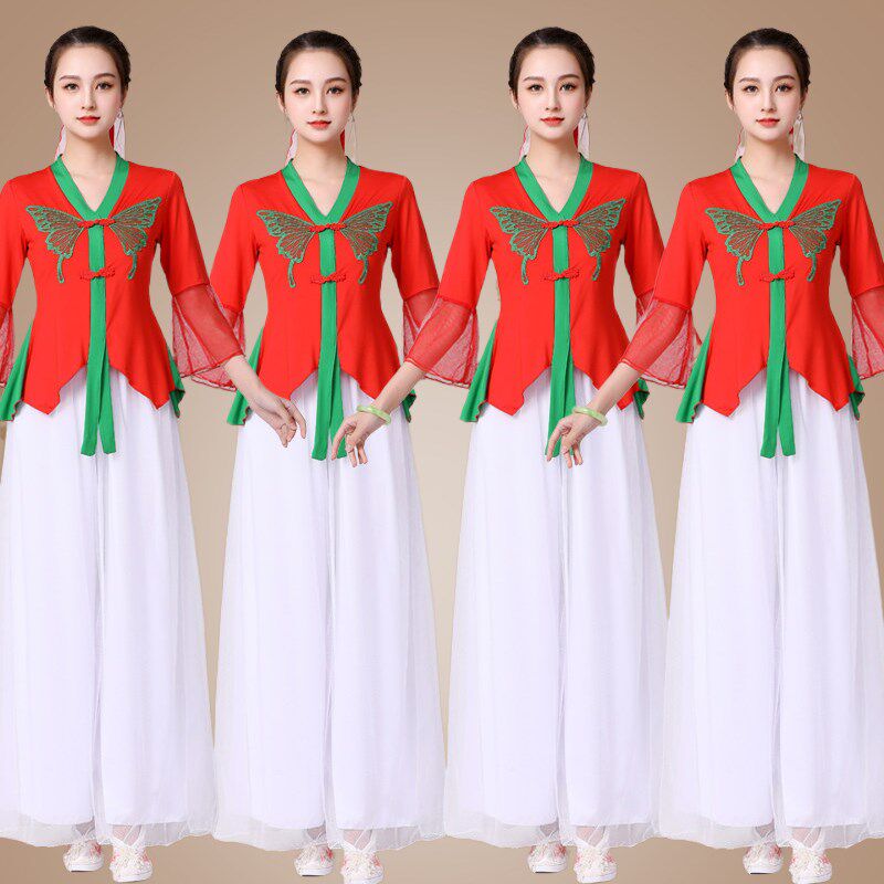 广场舞服装新款套装女春夏牛奶丝云裳扇子秧歌舞网纱裙民族杨丽萍