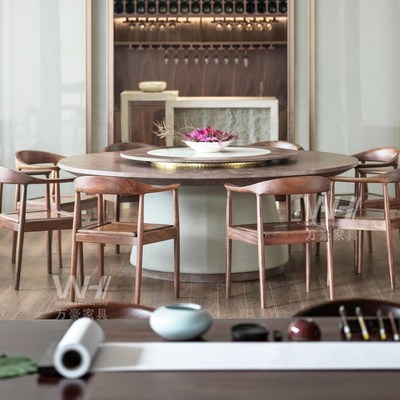 新中式酒店大圆桌电动转盘会所饭店别墅民宿中餐厅家具餐桌椅组合