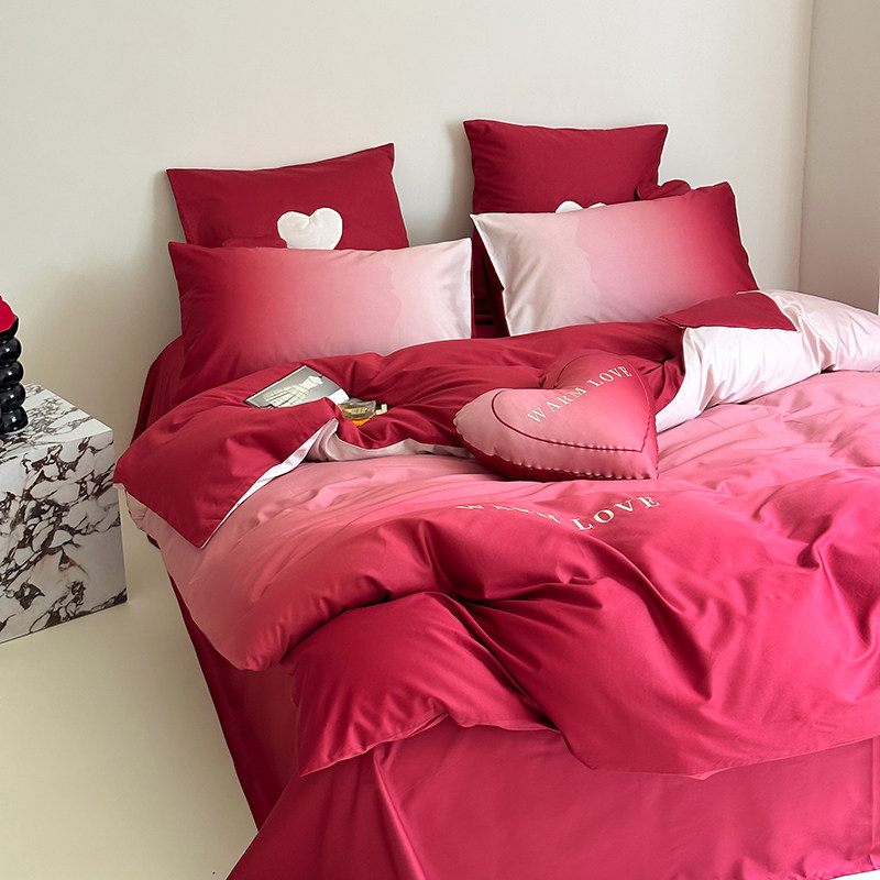 时尚简约刺绣结婚庆全棉四件套100S渐层红陪嫁牀上喜被套牀单