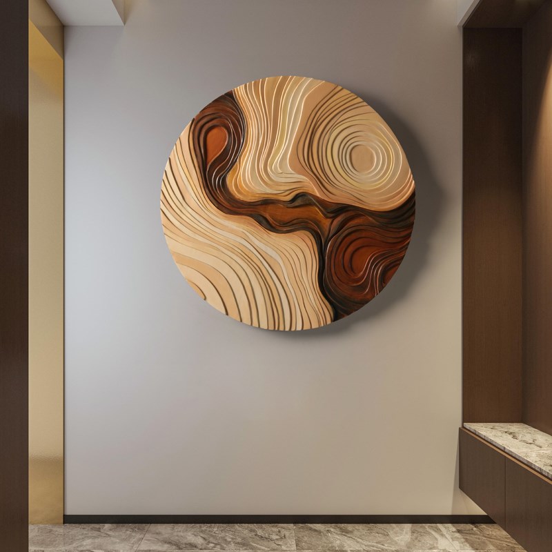 现代抽象立体木雕装饰画设计师艺术挂画样板间玄关圆形装置画图片