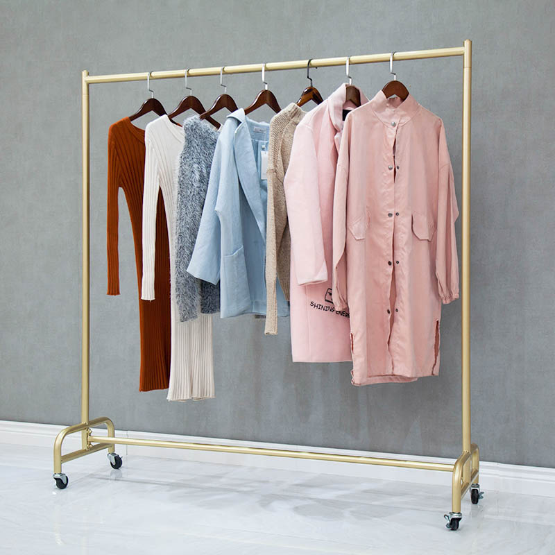 服装店服装货架水管展示架陈列落地式特卖挂衣架服金色移动带轮子