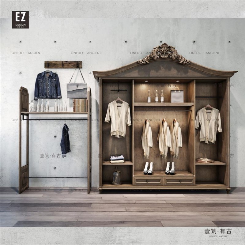 复古服装店衣架挂落地靠墙精品橱窗展示柜货架陈列柜婚纱柜子定制