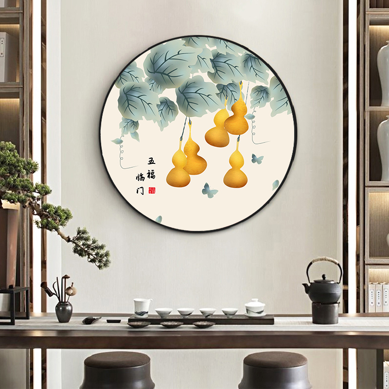 圆形荷花玄关装饰画餐厅客厅背景墙中式挂画走廊过道饭厅酒店壁画图片