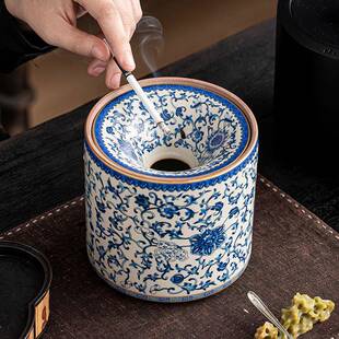 汝窑青花缠枝莲漏斗式烟灰缸大号带盖防飞灰家用客厅创意个性烟缸