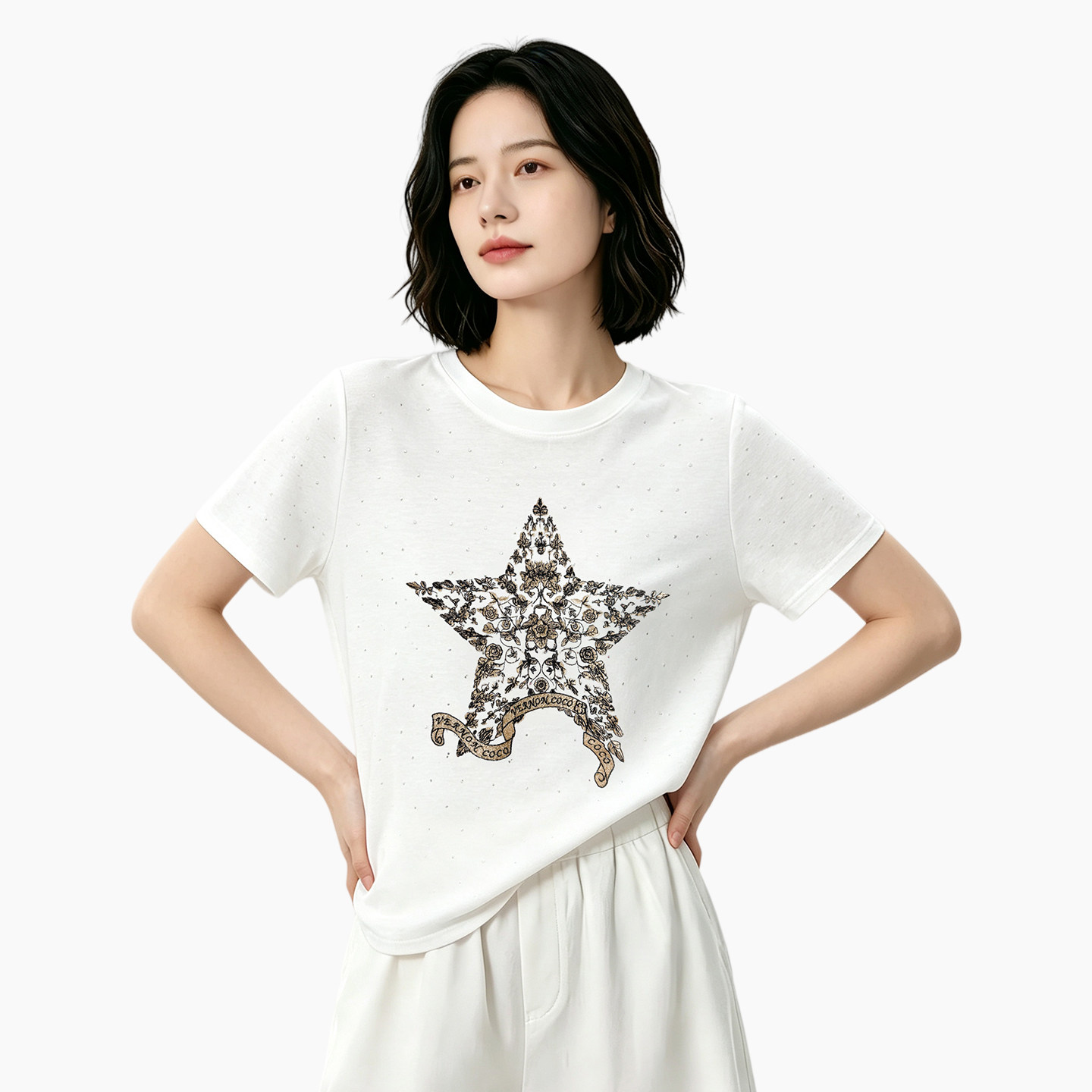 新品优惠韩系满天星烫钻白色短袖图片