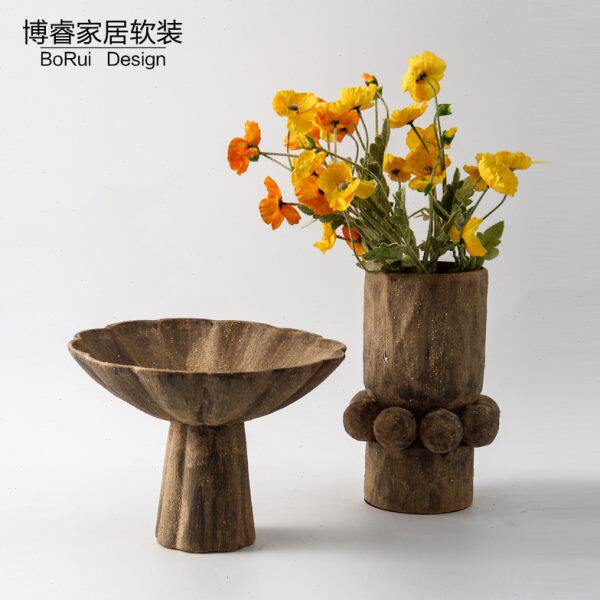 侘寂风土黄色陶瓷花器高脚果盘新中式干花插花瓶家居软装饰品摆件