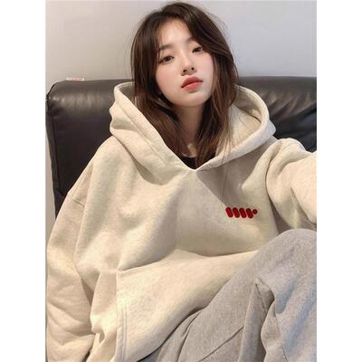 白灰色加绒卫衣连帽女2025新款爆款秋冬季加厚外套韩系慵懒风上衣