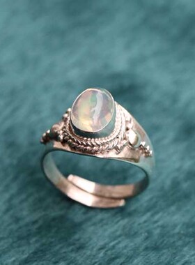 尼泊尔手工饰品银欧珀欧泊石戒指A开口简约复古创意个性藏式民族