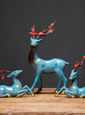 一鹿高升梅花鹿陶瓷摆件招财家居客厅送礼创意P书房桌面工艺品装