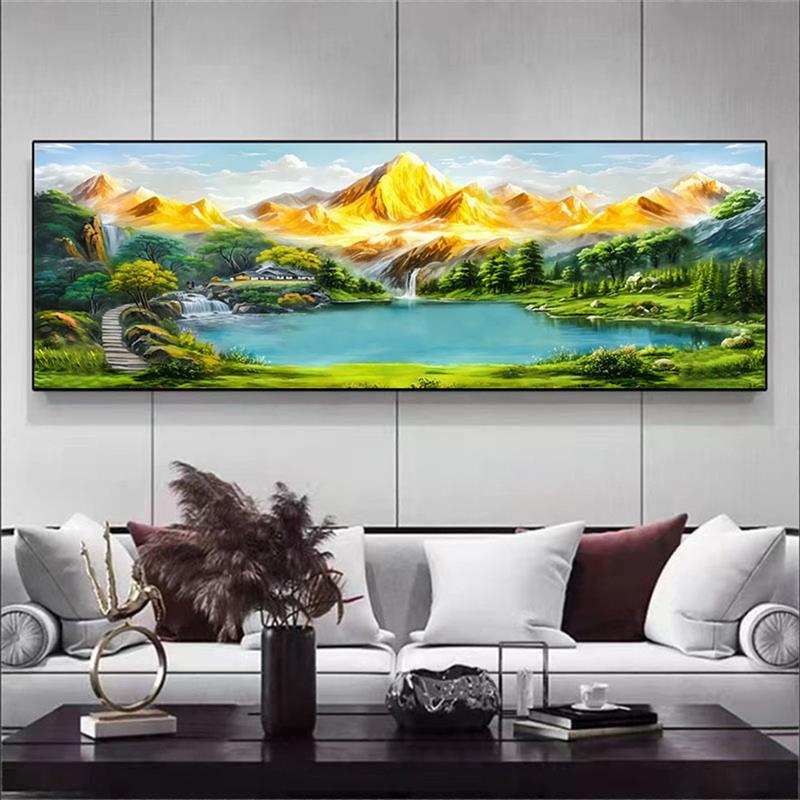 背靠金山聚宝盆沙发背景挂画办公晶瓷装饰画横幅画新中式装饰画