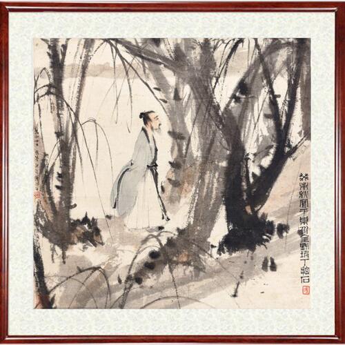 傅抱石国画山水画人物画字画柳岸行吟图挂画客厅装饰画赠卷轴装裱