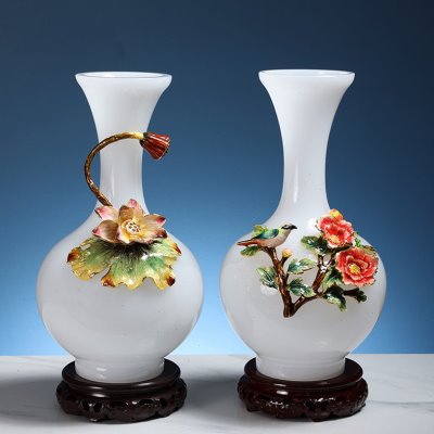 花开富贵高端家居琉璃玉赏瓶珐琅彩工艺摆件新中式家装饰品
