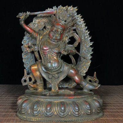 古玩收藏纯铜背光二臂玛哈嘎拉大黑天神像铜像家居办公室装饰摆件