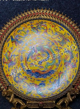 古玩旧藏陶瓷装饰盘子大r号摆件凤图鎏金中式家居客厅玄关摆盘瓷