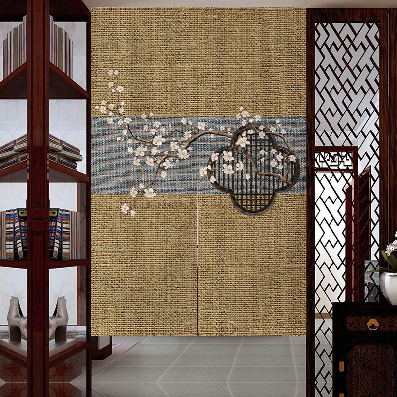 中式禅意门帘布艺卧室客厅装饰帘玄关隔断茶室挂帘T免打孔布帘定