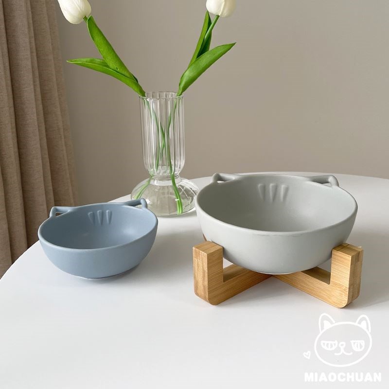 喵川铺子大口径陶瓷猫碗木架高脚保护颈椎猫粮猫咪水碗猫食盆