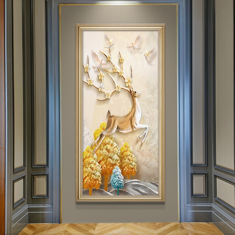 招财鹿入户玄关装饰画欧式过道壁画竖版走廊尽头挂画美式客厅竖版图片