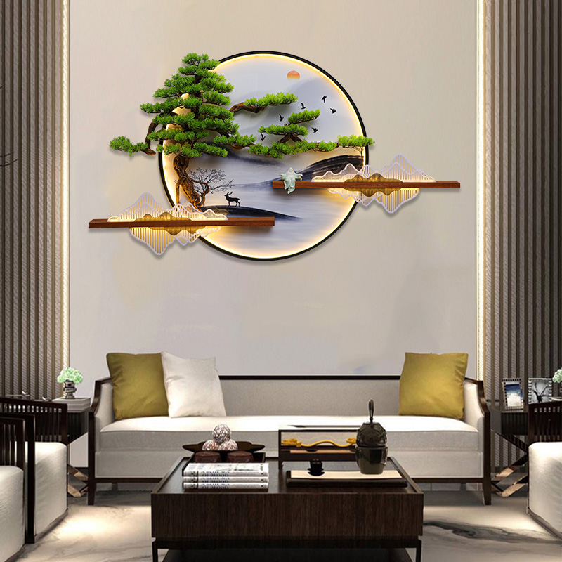 新中式墙面c装饰挂件玄关客厅沙发背景墙挂画立体画客松圆形迎壁图片