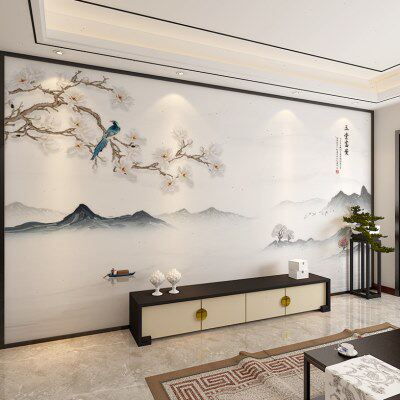 国画现代简约装饰壁画影视山水3d墙布电视机背景墙客厅新中式水墨