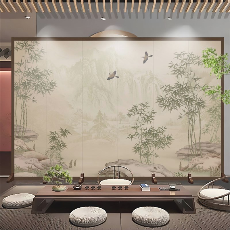 简易屏风隔断客厅遮挡办r公室酒店新中式山水画折叠移动背景墙定