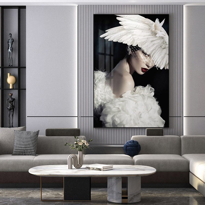 轻奢羽毛人物美女玄关挂画餐厅卧室墙壁画高级U感美容院装饰画