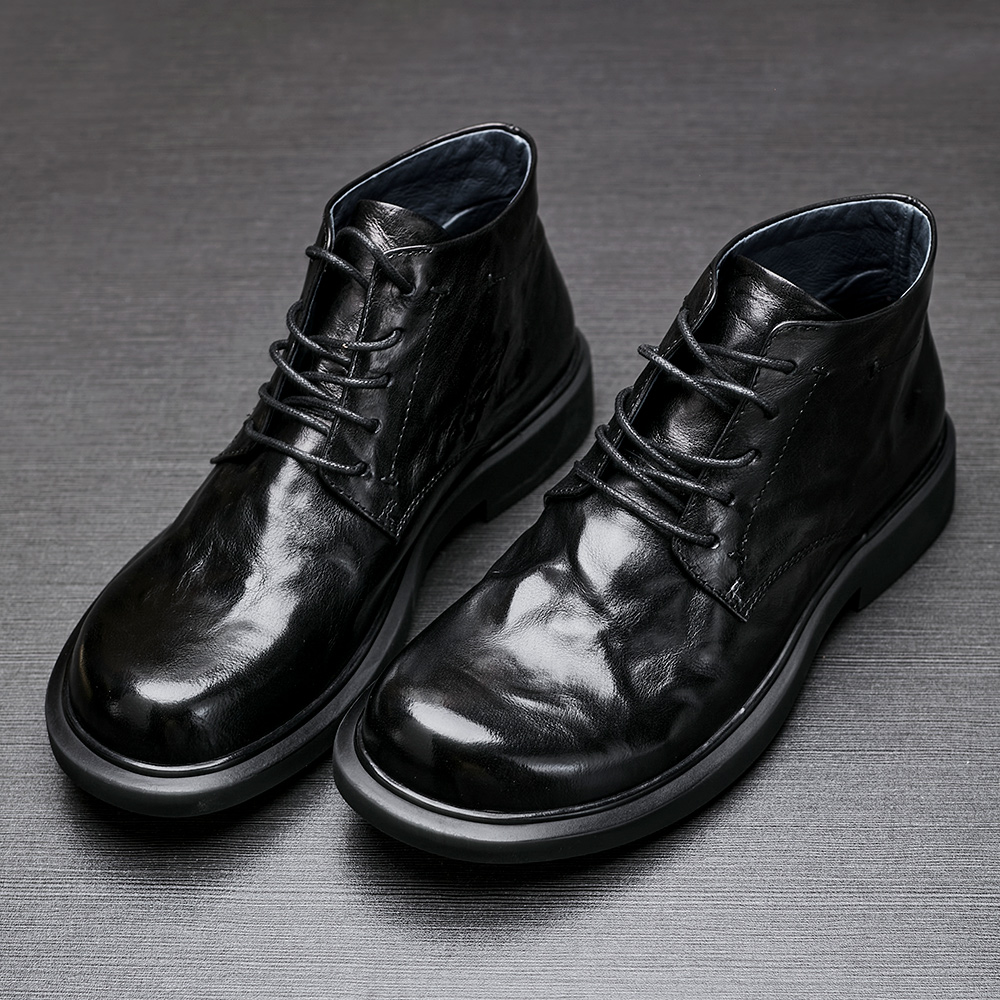 胎牛皮 男士真皮l马丁靴休闲时尚短靴圆头中帮黑色平底潮流靴子男