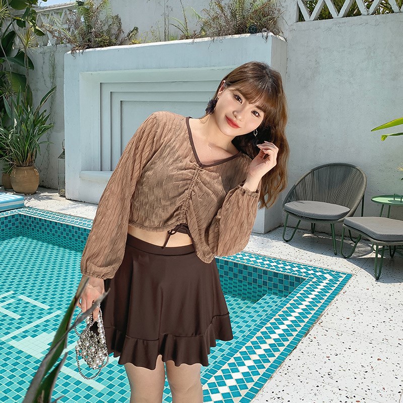 120-150斤温泉泳衣女分体裙式三件套I长袖罩衫微胖大码小个子泳装