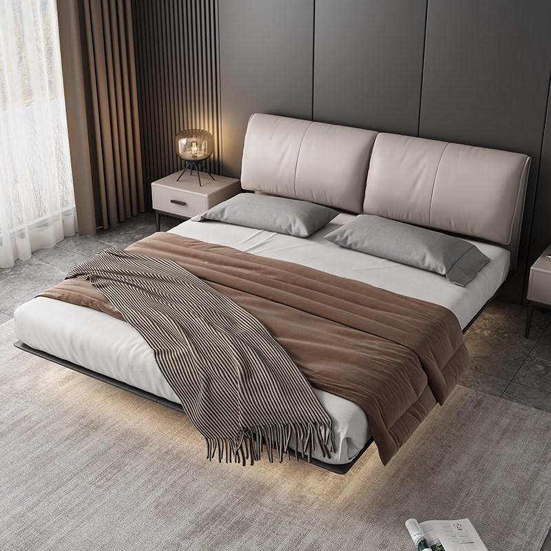 真皮床软包悬空双人主卧室大床轻C奢简约1.8米婚床主卧悬浮床