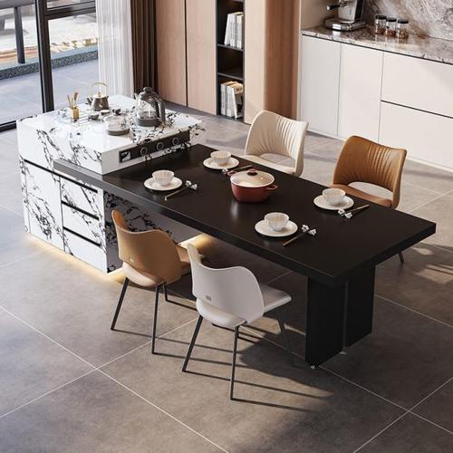 岩板伸缩岛台餐桌茶台吧台一体极简厨房餐厅可定制轻奢奶油中导台