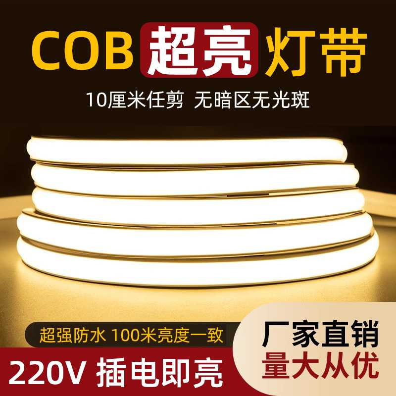 led灯带220v带插头带开关防水超亮自粘线形客厅氛围COB户外软灯条图片