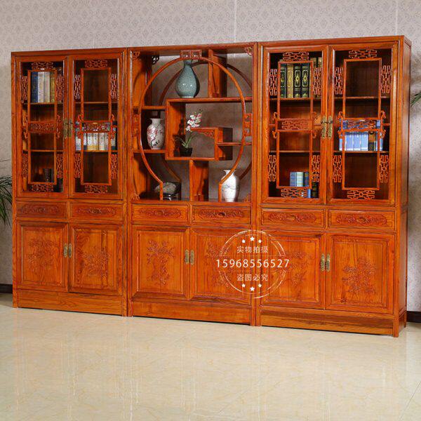 仿古落地雕花全实木书房书柜书架组合新中式禅意榆木书桌三南带门