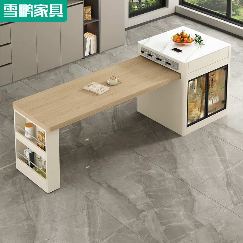 奶油风悬浮岛台餐桌一体可伸缩吧台F厨房小户型定制岩板茶桌饭桌