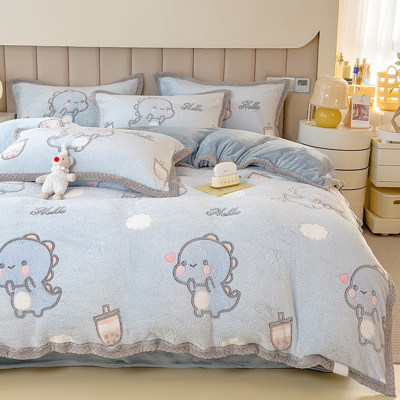 儿童卡通牛奶绒被套m单件冬季加绒床单珊瑚绒床上双面绒被罩三件