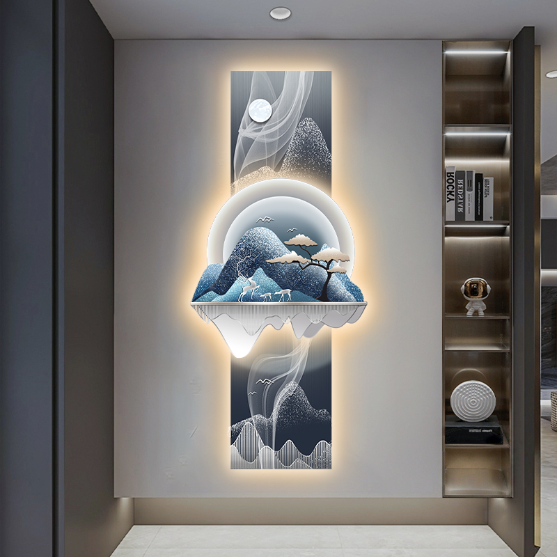 轻奢玄关装饰画灯画高级感客厅H挂画立体麋鹿走廊壁画