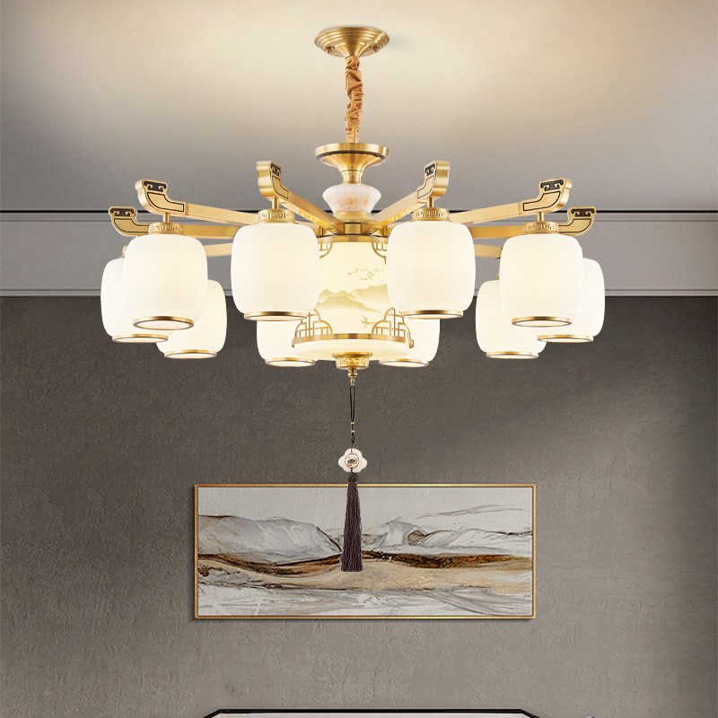 全铜玉石新中式吊灯客厅灯别墅大厅轻奢大气中国风餐厅灯卧室灯具