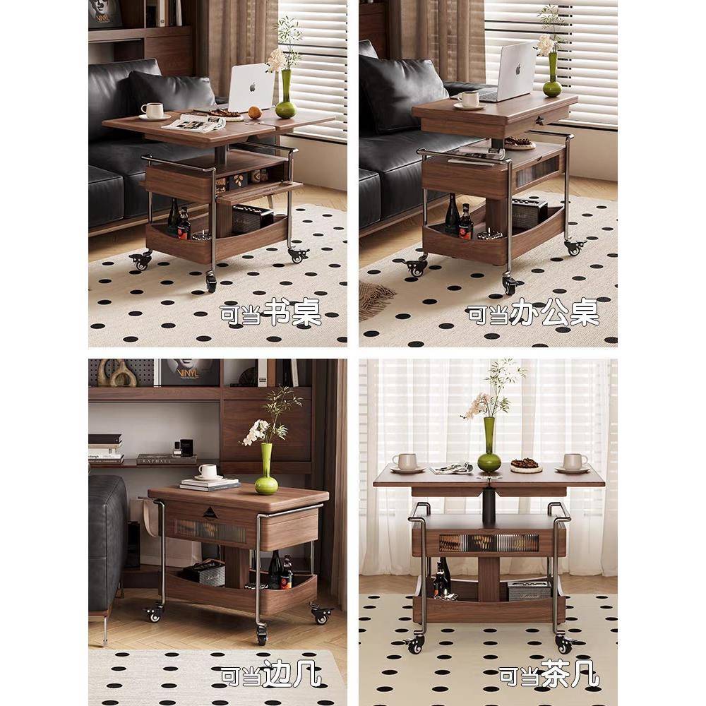 博纯焦糖中古小推车客厅可移动折叠带轮可移动小推桌升降茶几边几