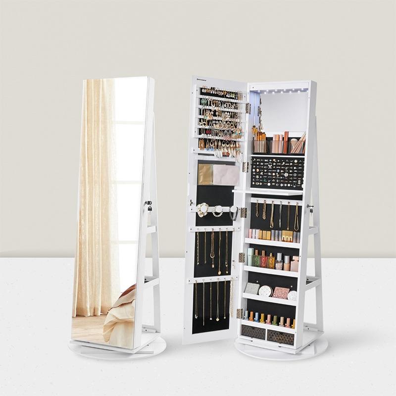 旋转实木全身镜柜家用卧室首饰珠宝收纳落地移动试衣镜子挂衣帽架