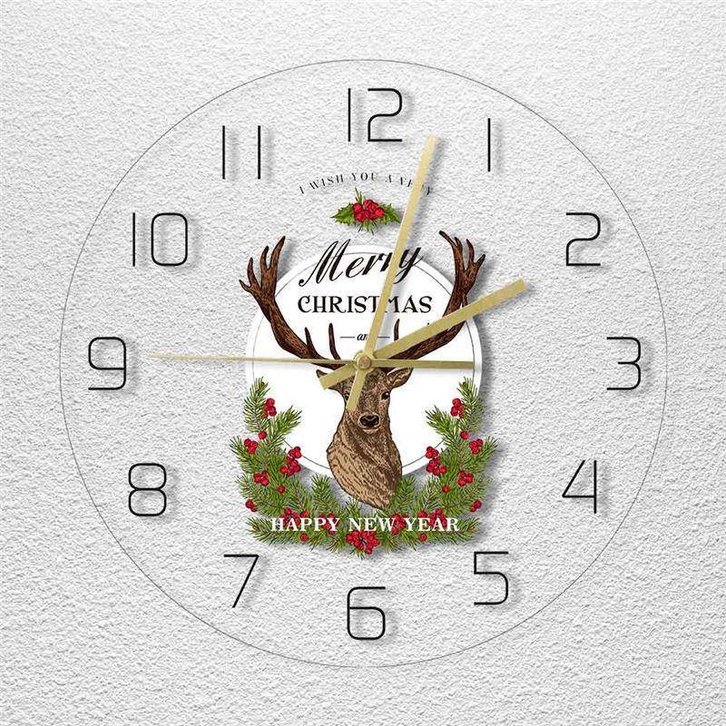 LED灯透明亚克力挂钟圣诞新年快乐鹿头彩色时钟节日气氛装饰