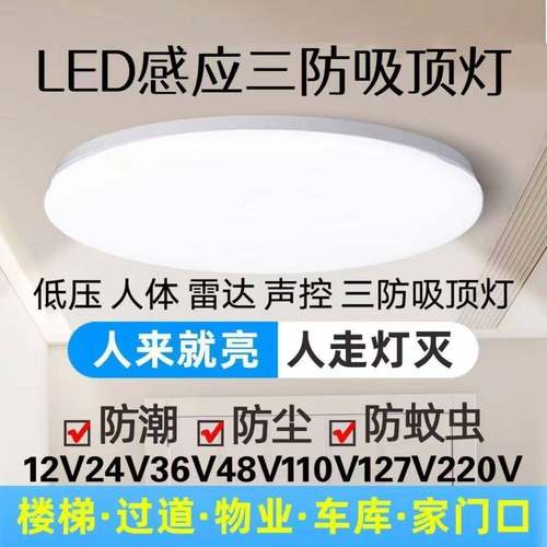 36VLED三防吸顶灯24V防潮防水声光控感应110V海外人体雷达感应灯