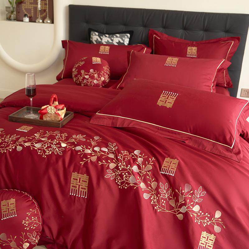 婚庆四件套结婚床上用品纯棉100s红色高档简约陪嫁长绒棉喜被套件