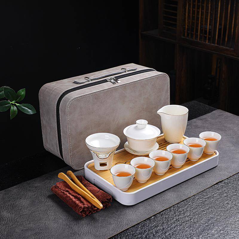 xyt旅行茶具功夫套装家用羊脂玉陶瓷盖碗茶杯户外茶盘便携包定制