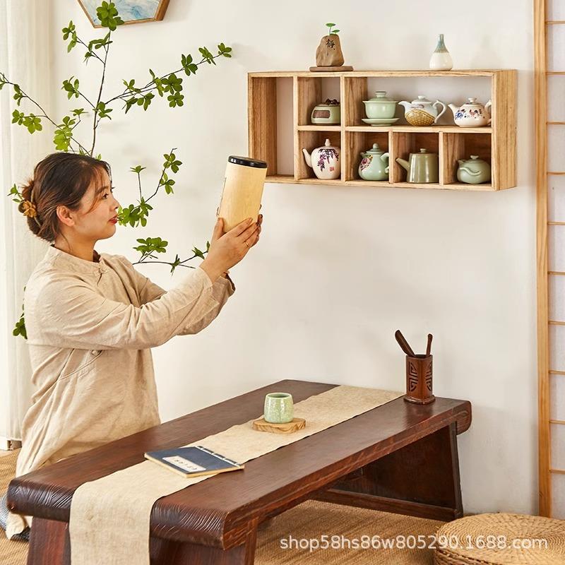 复古壁挂置物架木质茶具收纳整理架茶杯茶壶陈列展示架小型博古架