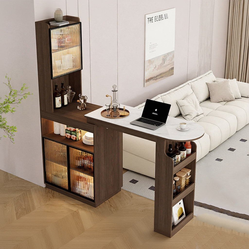 中式胡桃实木吧台桌酒柜一体家用客厅可伸缩可定制沙发吧台隔断柜