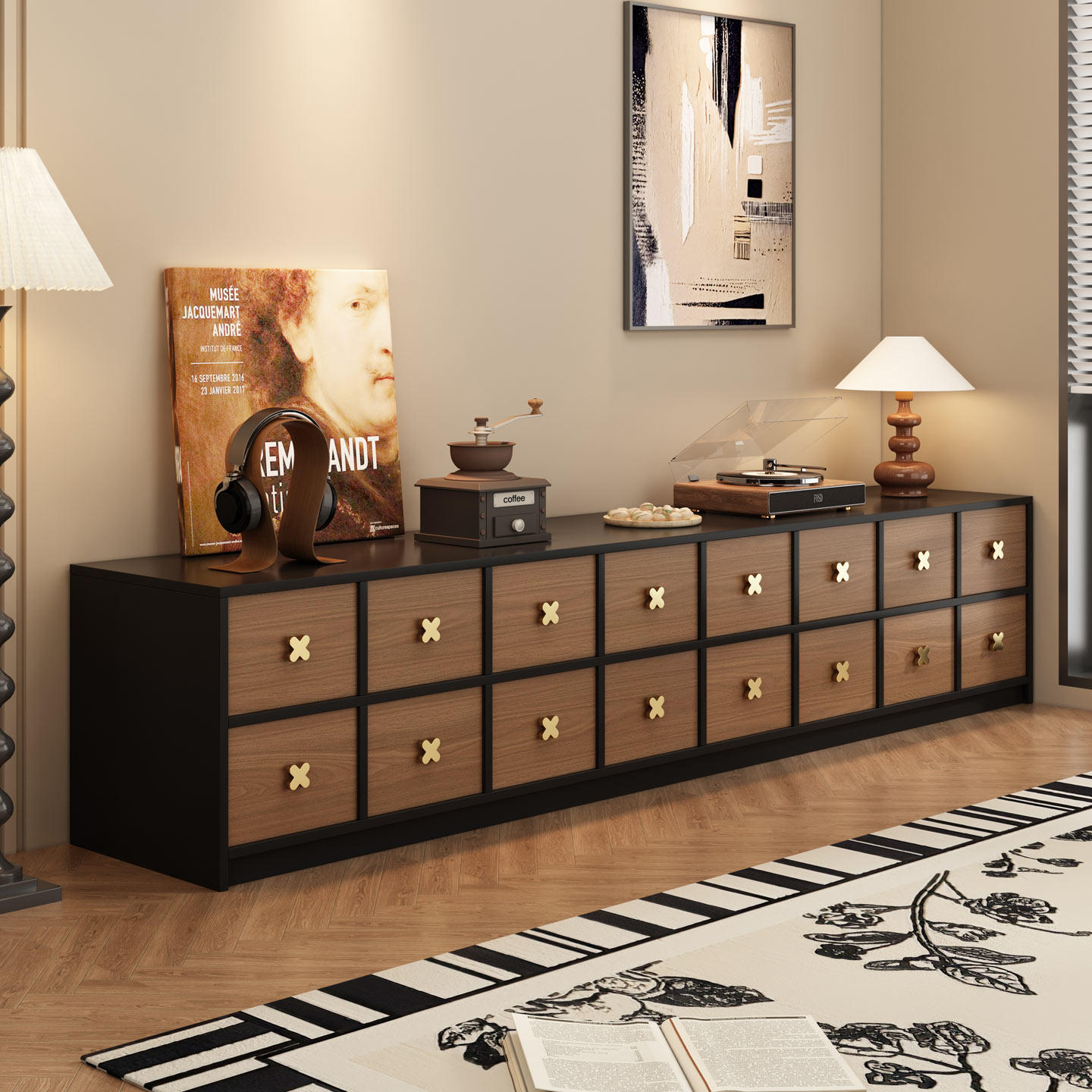 电视柜客厅2025新款实木落地收纳储物柜一体中古风电视机柜小户型