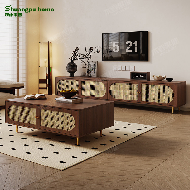 实木藤编电视柜现代简约客厅家用落地柜中式小户型储物收纳影视柜