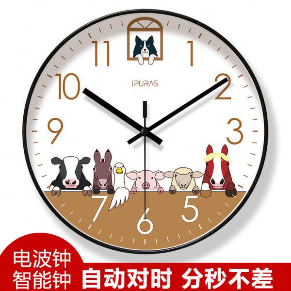 自动对时电波钟6103动物可爱钟表挂钟客厅静音农场儿童表挂墙时钟
