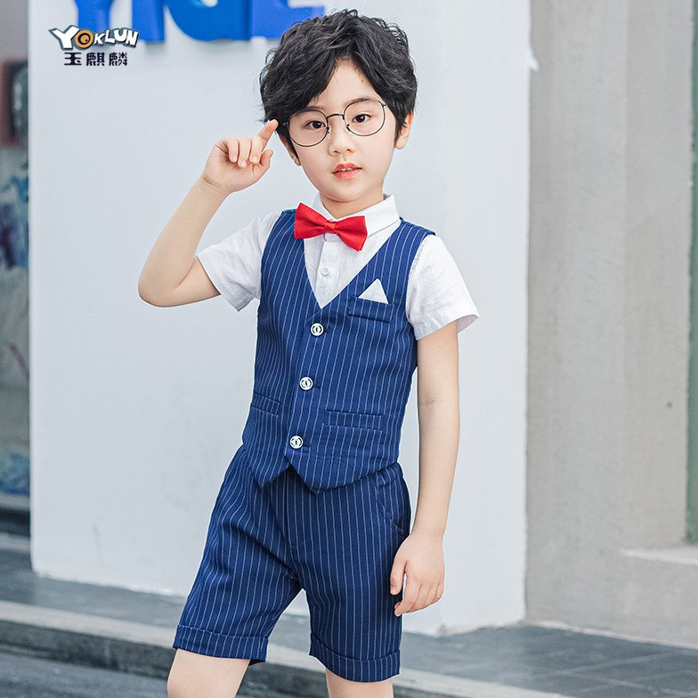 儿童正装男童钢琴演出服幼儿园毕业礼服小男孩帅气条纹马甲三件套