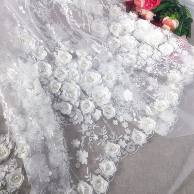欧式华丽钉珠立体缎面花朵蕾丝面料亮片布料绣花布料婚纱礼服布料